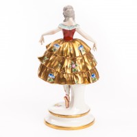 Tancerka w złotej spódnicy, figurka porcelanowa, sygnowana, ERNST BOHNE & SÖHNE, Turyngia