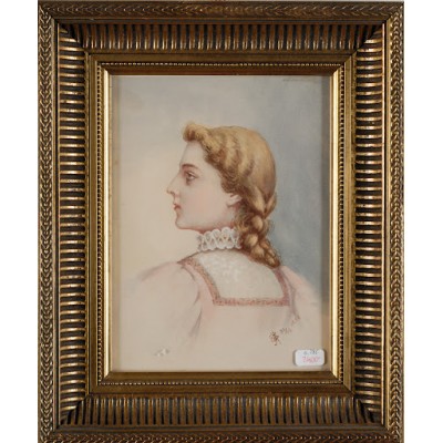 Młoda kobieta w stroju historycznym. Sygnowany E. M.  31/12 1898. Akwarela na papierze. 