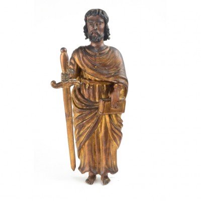 Okazała drewniana rzeźba przedstawiająca św. Pawła, zachowana polichromia i złocenia