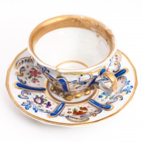 Filiżanka porcelanowa ze spodkiem, dekorowana kobaltem i złotem, porcelana sygnowana, KPM, Niemcy, XIX w.
