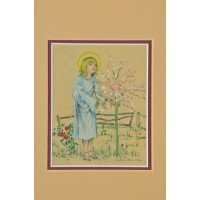 Obraz z wizerunkiem dziecięcej Marii, sygn. J. Szubertówna, akwarela gwasz na papierze