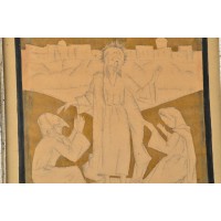 Obraz „Chrystus”, Stanisław Turewicz, rysunek na papierze, podmalowany złotą farbką