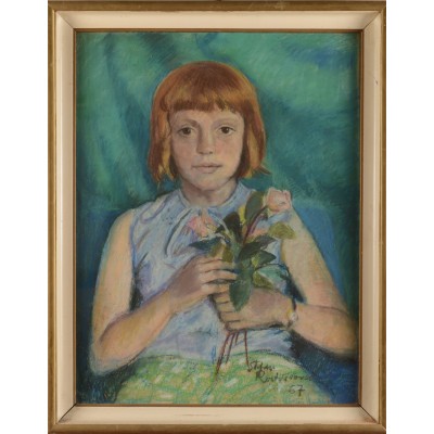 Portret dziewczynki z różami, Stefan Rostworowski. Pastel na papierze. Obraz sygnowany nazwiskiem autora oraz datą. 1967 r.
