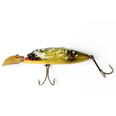 Wobler (sztuczna przynęta) w formie zielono-żółtej ryby, dwie kotwiczki, metal, tworzywo